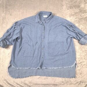 Umgee Womens Blue Oversized Frayed Hem Roll Tab Sleeve Button Down Shirt Med.